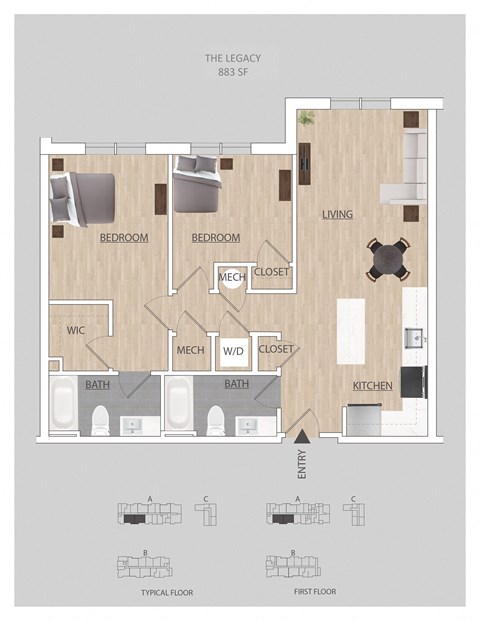 Floor plan for 2 beds, 2 baths, 875 sqft